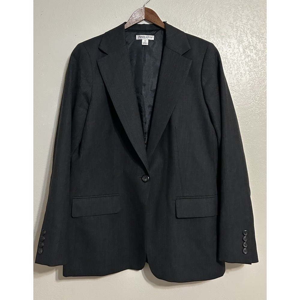 Pendleton Women Blazer Size 12 Charcoal Gray Jacket 100% Virgin Wool Career